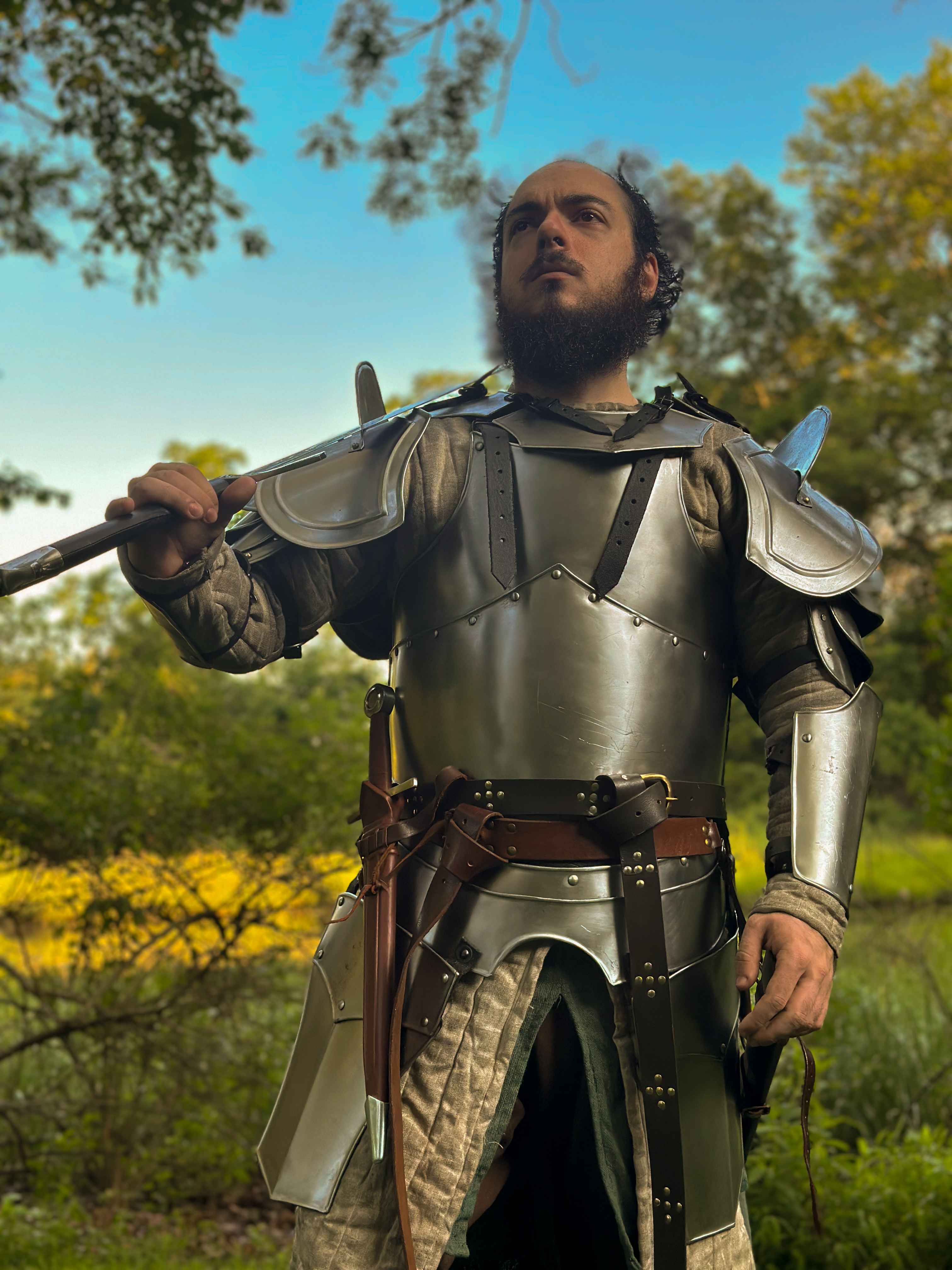 The paladin stands over the camera looking into the distance, sword slung over his shoulder